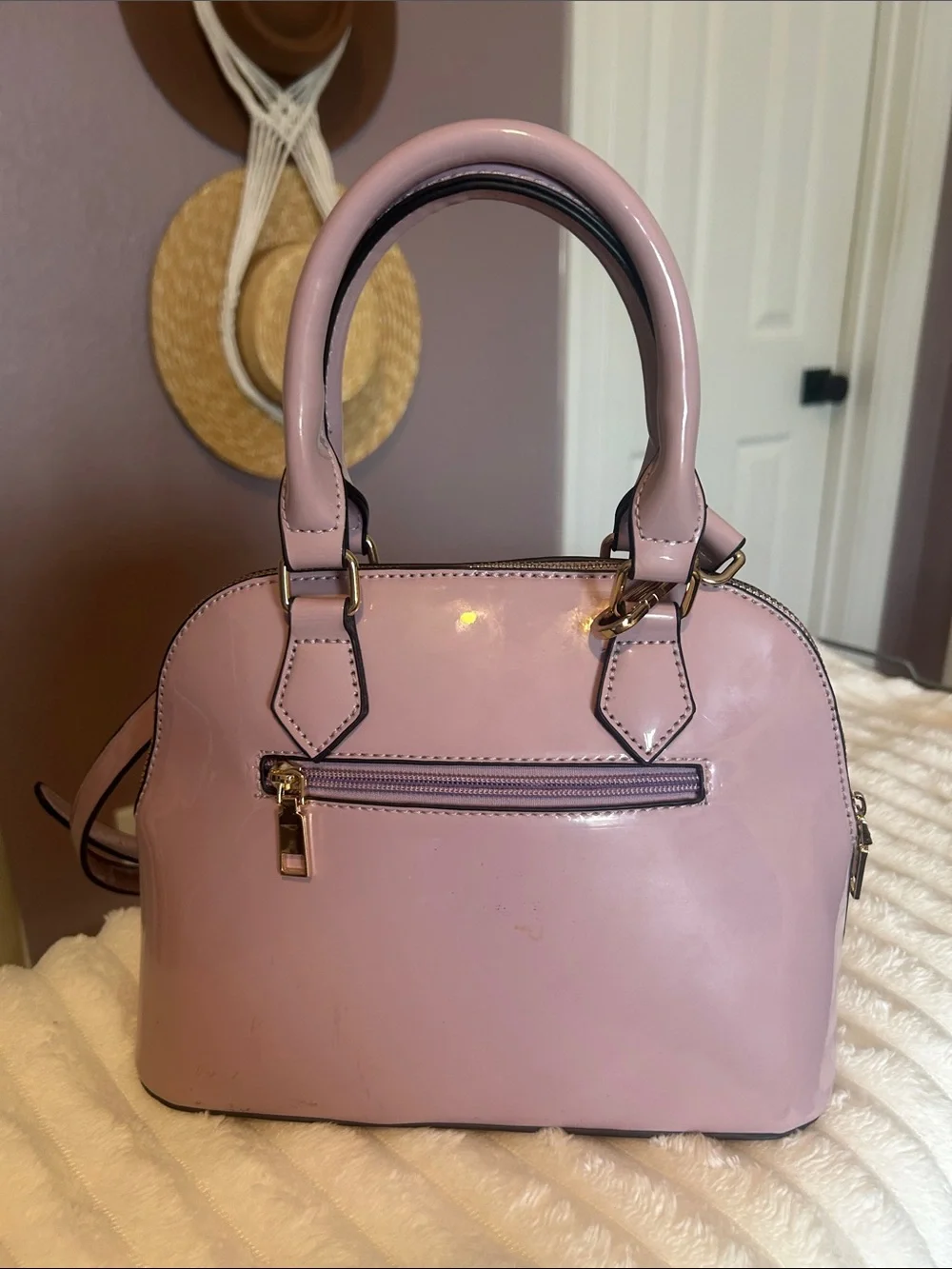 Patent Dome Satchel Handbag in Dusty Pink